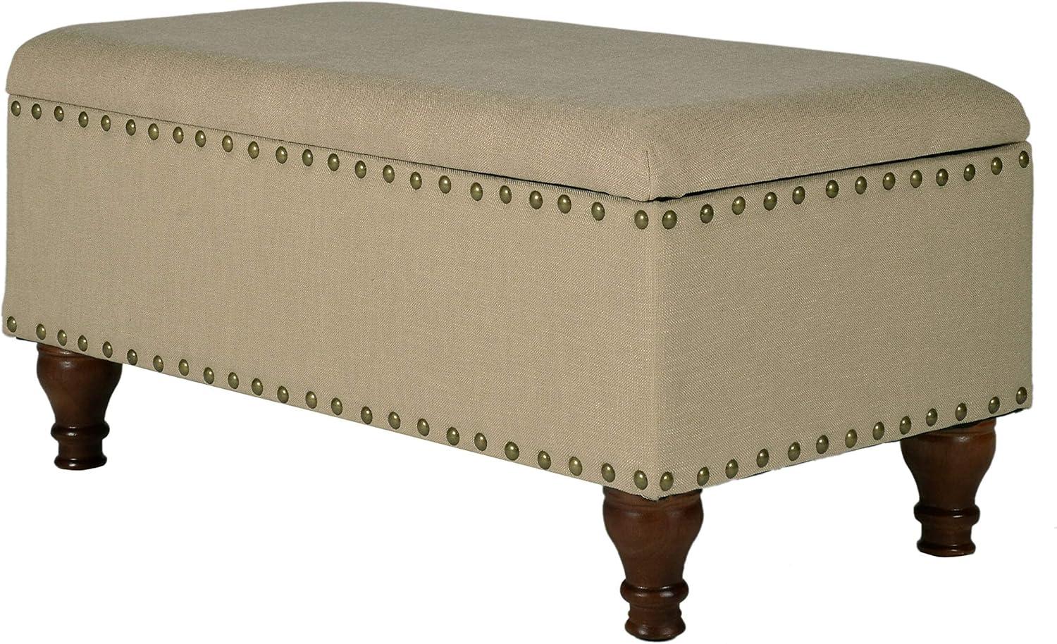 Elegant Tan Upholstered Storage Bench with Nailhead Trim and Wood Legs