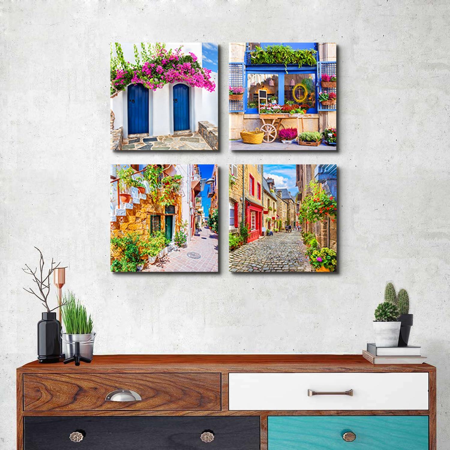 Italy Tuscan Wall Art, Colorful Nature Scenic Framed Pictures Canvas Prints, Modern Town Street Artwork Paintings for Living Room, Bedroom, Office Wall Decor