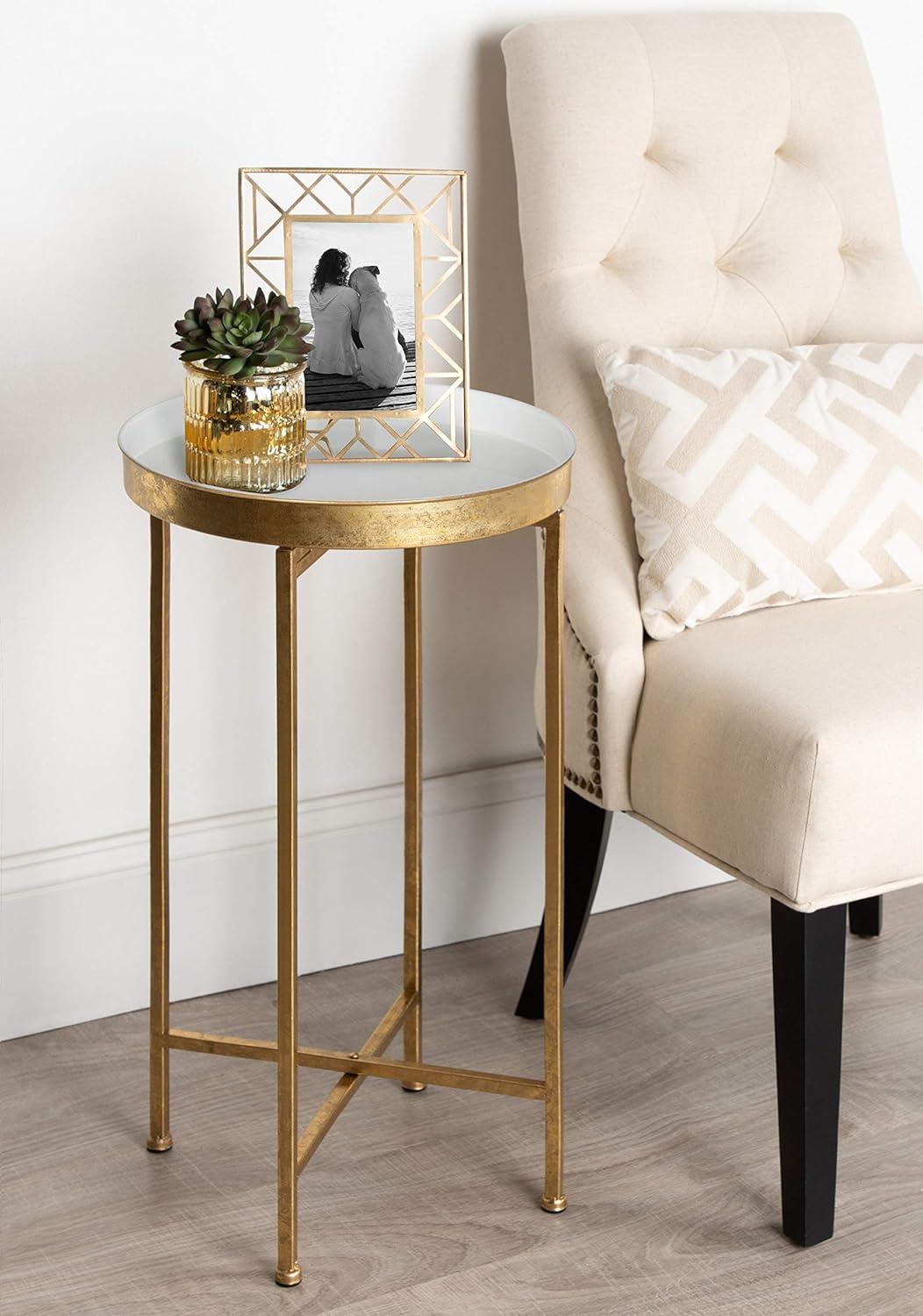 White and Gold Round Metal Foldable Tray Accent Table