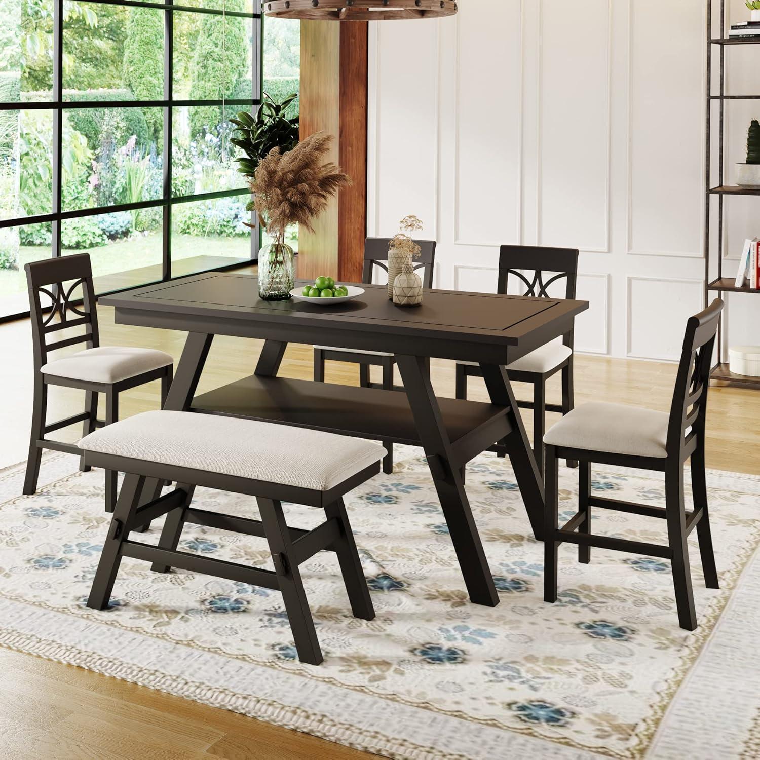 Espresso 6-Piece Counter Height Dining Set with Beige Cushions