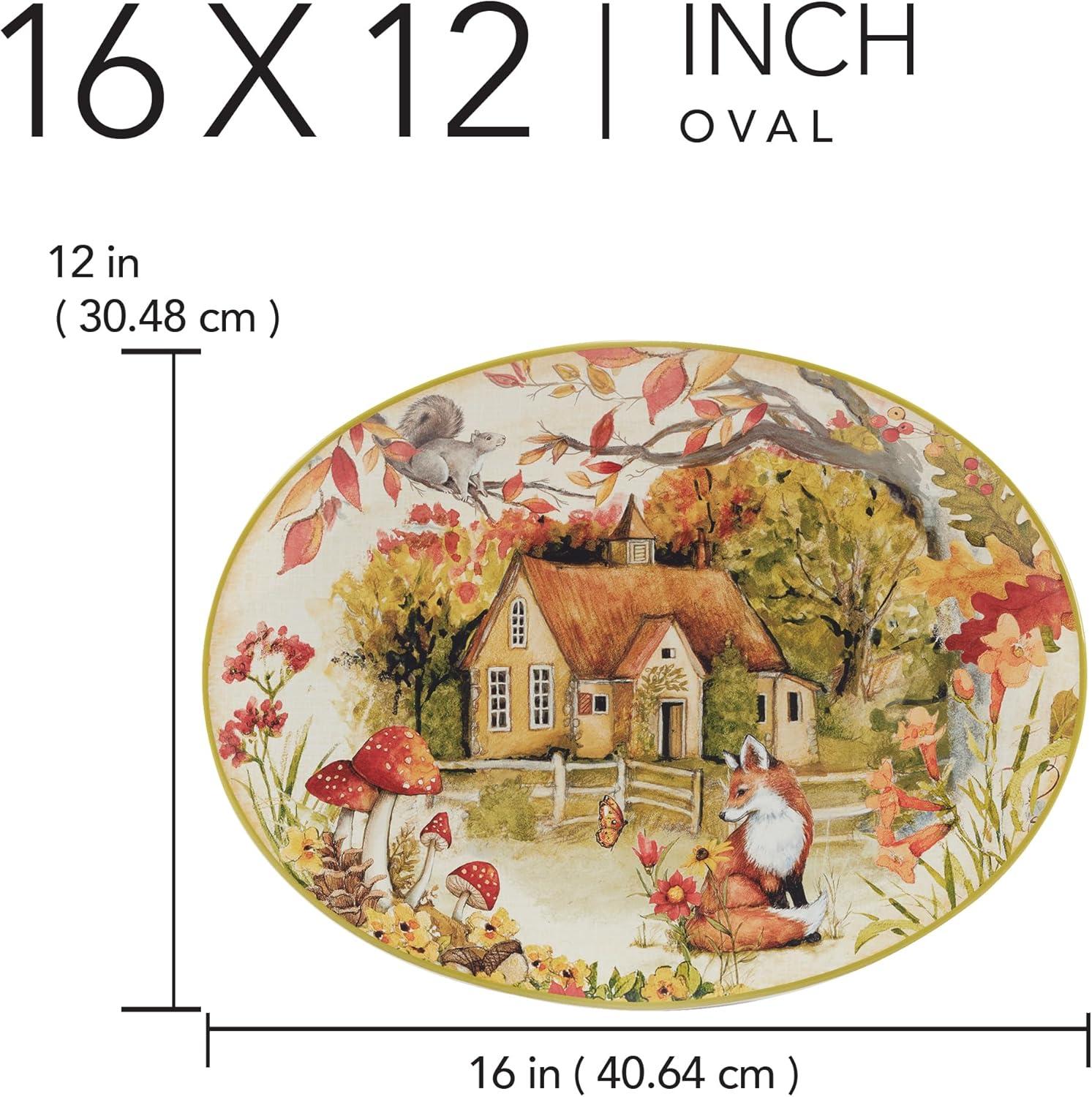 Woodland Critters Ceramic Oval Serving Platter with Cottage Scene