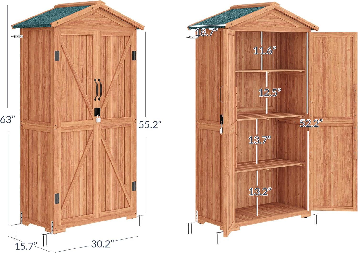 Tall Brown Fir Wood Outdoor Storage Shed with Shelves