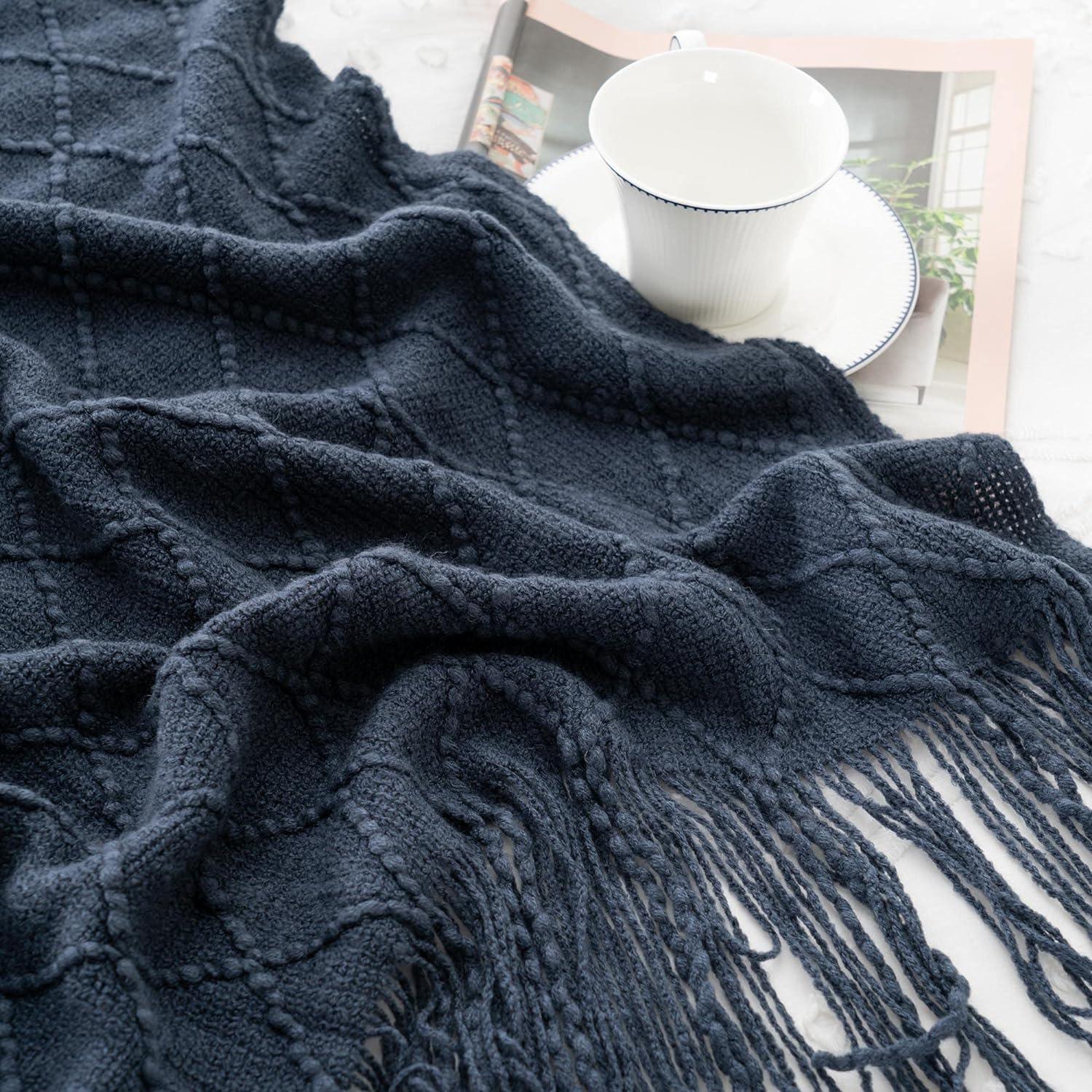 Battilo Navy Throw Blanket,Soft Lightweight Textured Decorative Blanket with Tassel, Housewarming Gifts,50"x60"