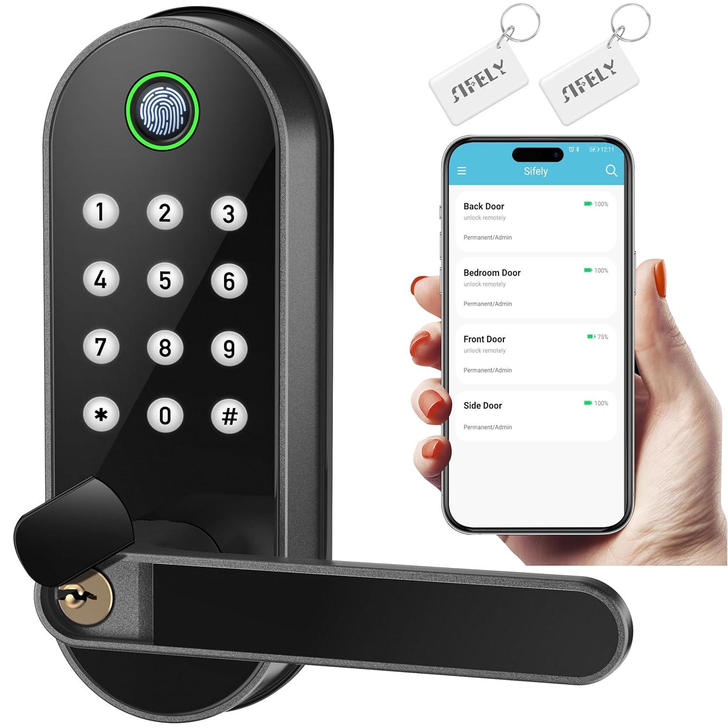 Keyless-Entry Fingerprint Smart Door Lock: Sifely Digital Electronic Lock with Code Passcode, Electric Door Knob, Biometric Door Handle, Perfect for Exterior/Interior/Entry/Bedroom Doors (Black)