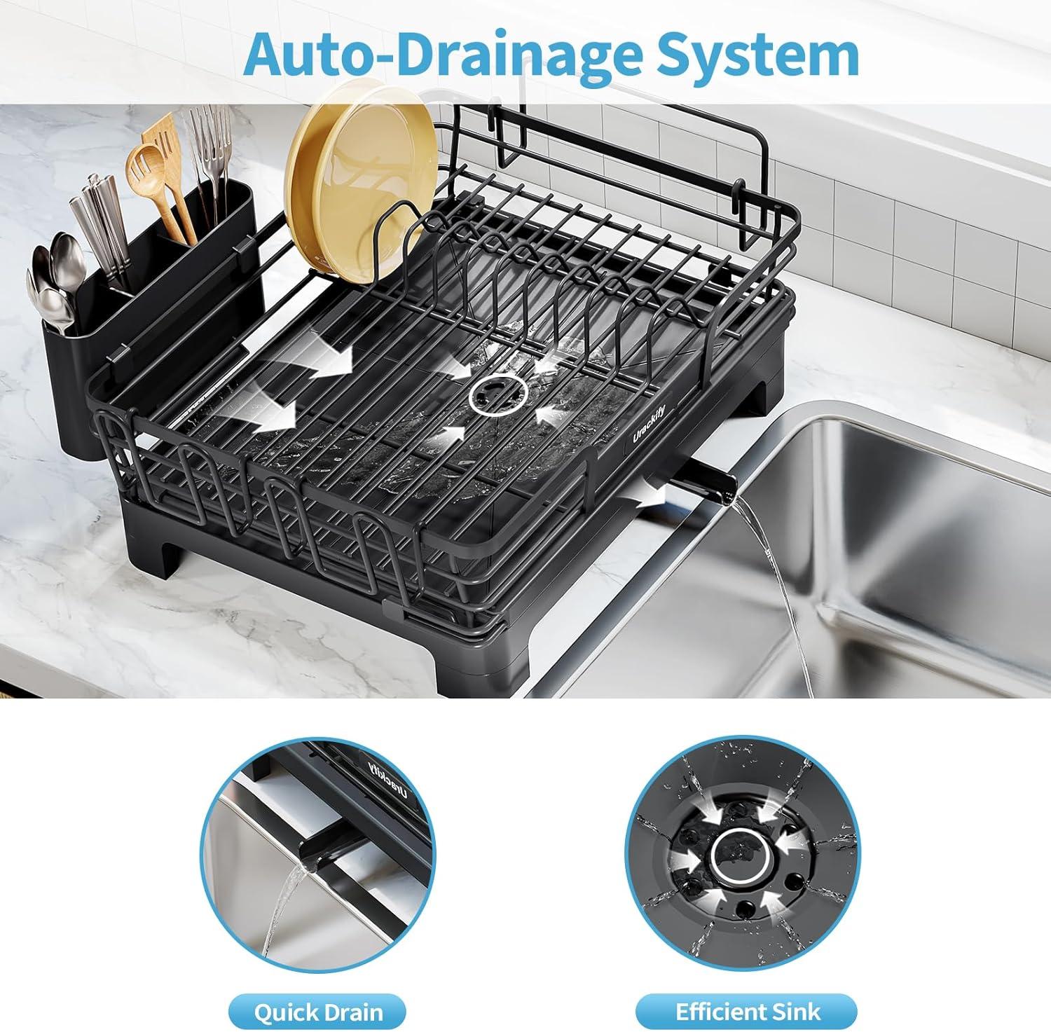 THE GLAMOUR BOUTIQUES Extendable Dish Drying Rack, 2 In 1 Multifunction Dish Rack For Kitchen Counter, Expandable Dish Drainer Over Sink, Large Dish Strainer With Drainboard & Cups Holder, Black