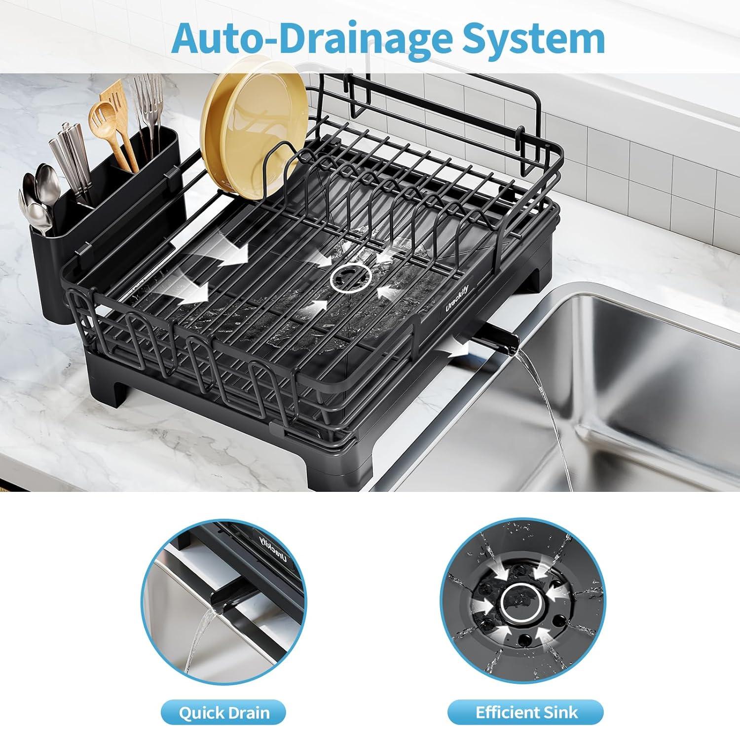 THE GLAMOUR BOUTIQUES Extendable Dish Drying Rack, 2 In 1 Multifunction Dish Rack For Kitchen Counter, Expandable Dish Drainer Over Sink, Large Dish Strainer With Drainboard & Cups Holder, Black