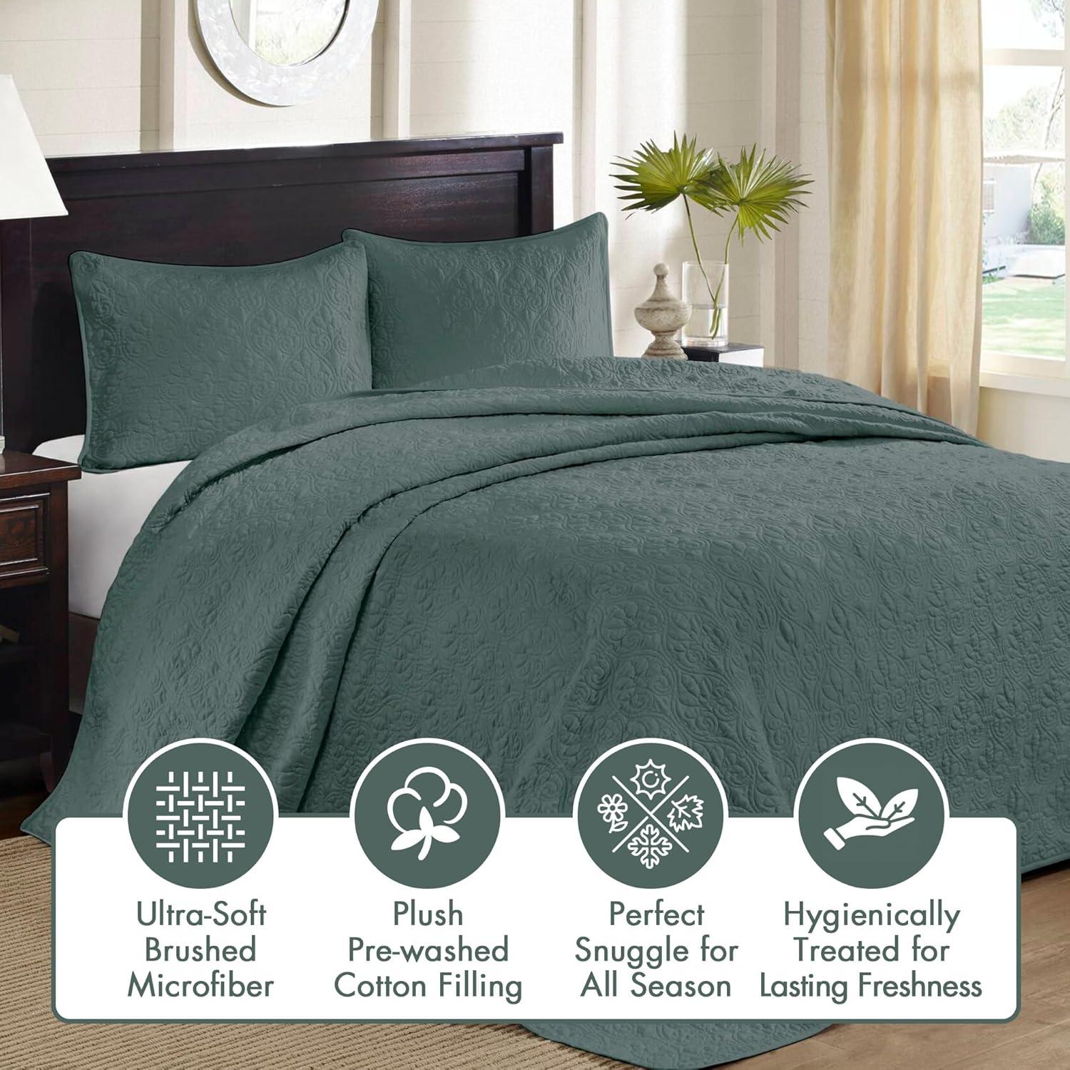 Madison Park Bedspread Set Reversible Damask Quilted Oversized Coverlet, Cotton-Filled Quilts Queen Oversized, All Season, Lofty & Warm Bedspread, Quebec, Queen Balsam Green 3 Piece