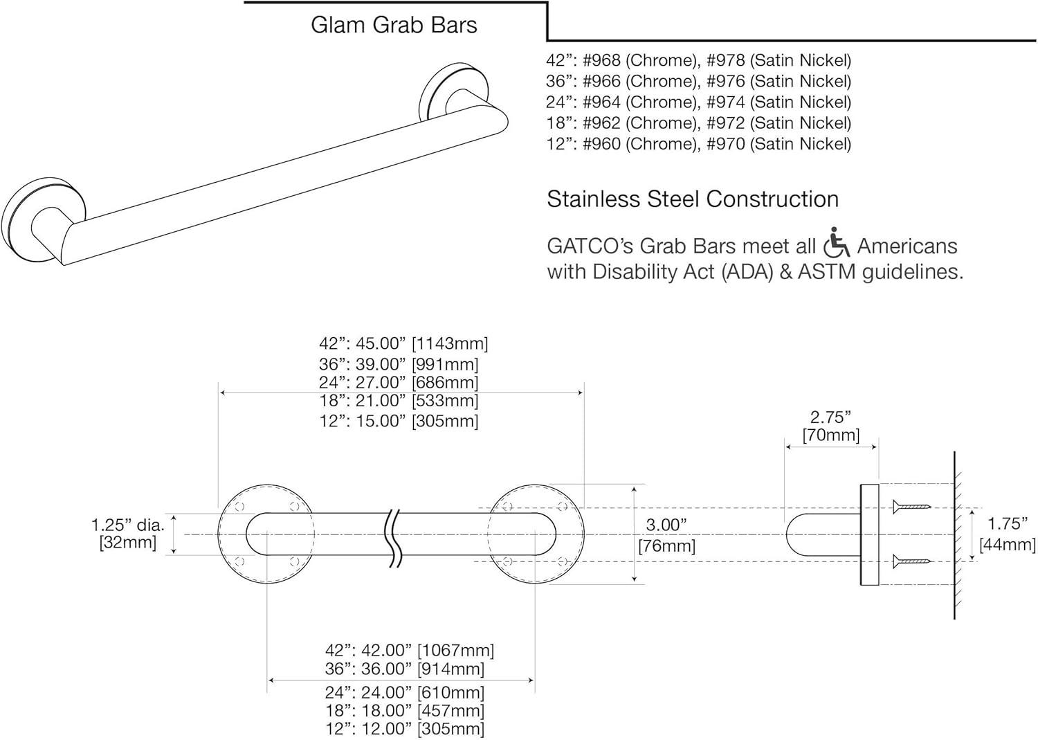 Glam Stainless Steel ADA Compliant Grab Bar | Bathroom Safety Grab Bar