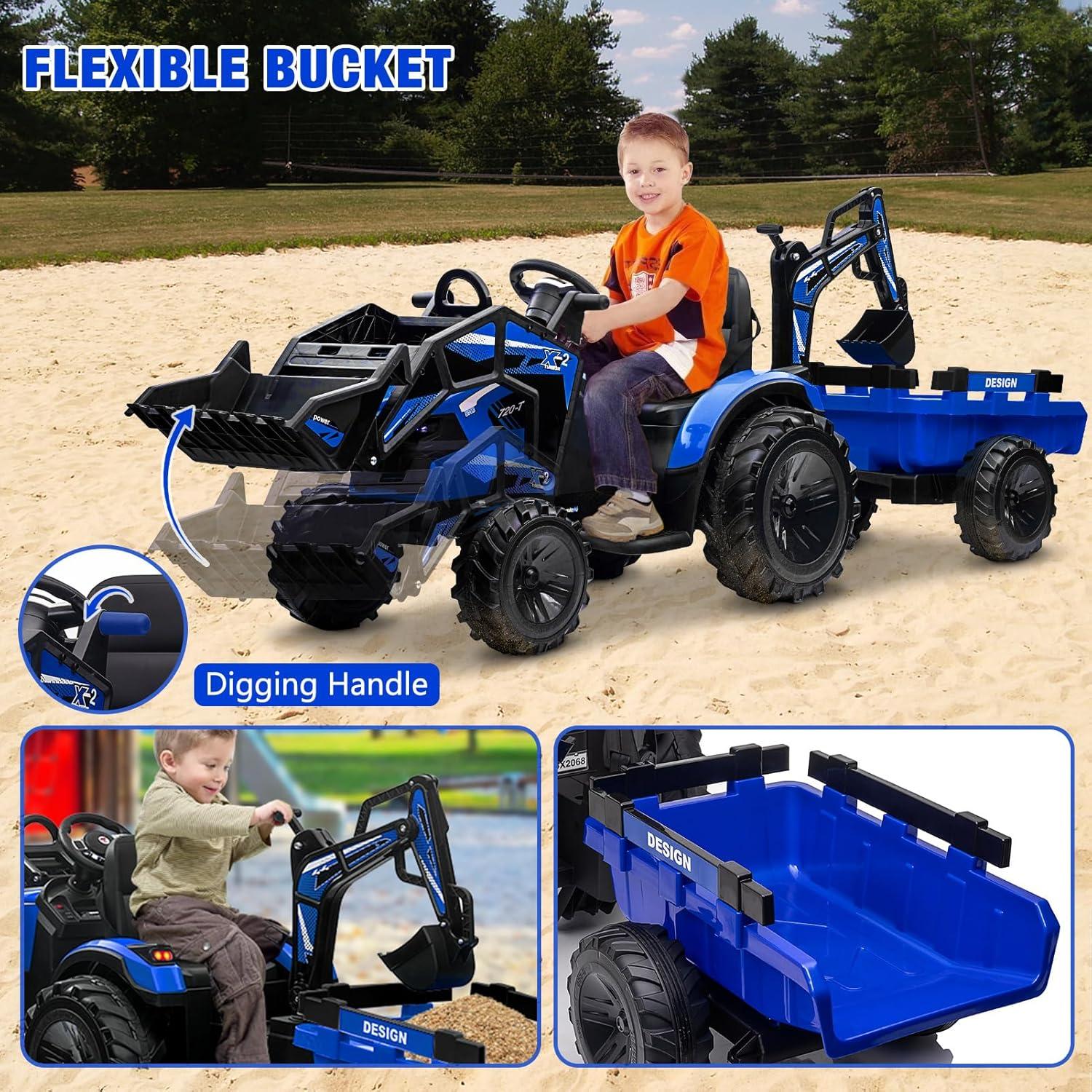 Juiluna 3 in 1 Ride on Tractor, Excavator & Bulldozer, 24V Electric Vehicle w/Trailer, Shovel Bucket, Digger, Remote Control, EVA Tire, LED Light, Music, USB & Blue tooth, Kids Ride on Car,