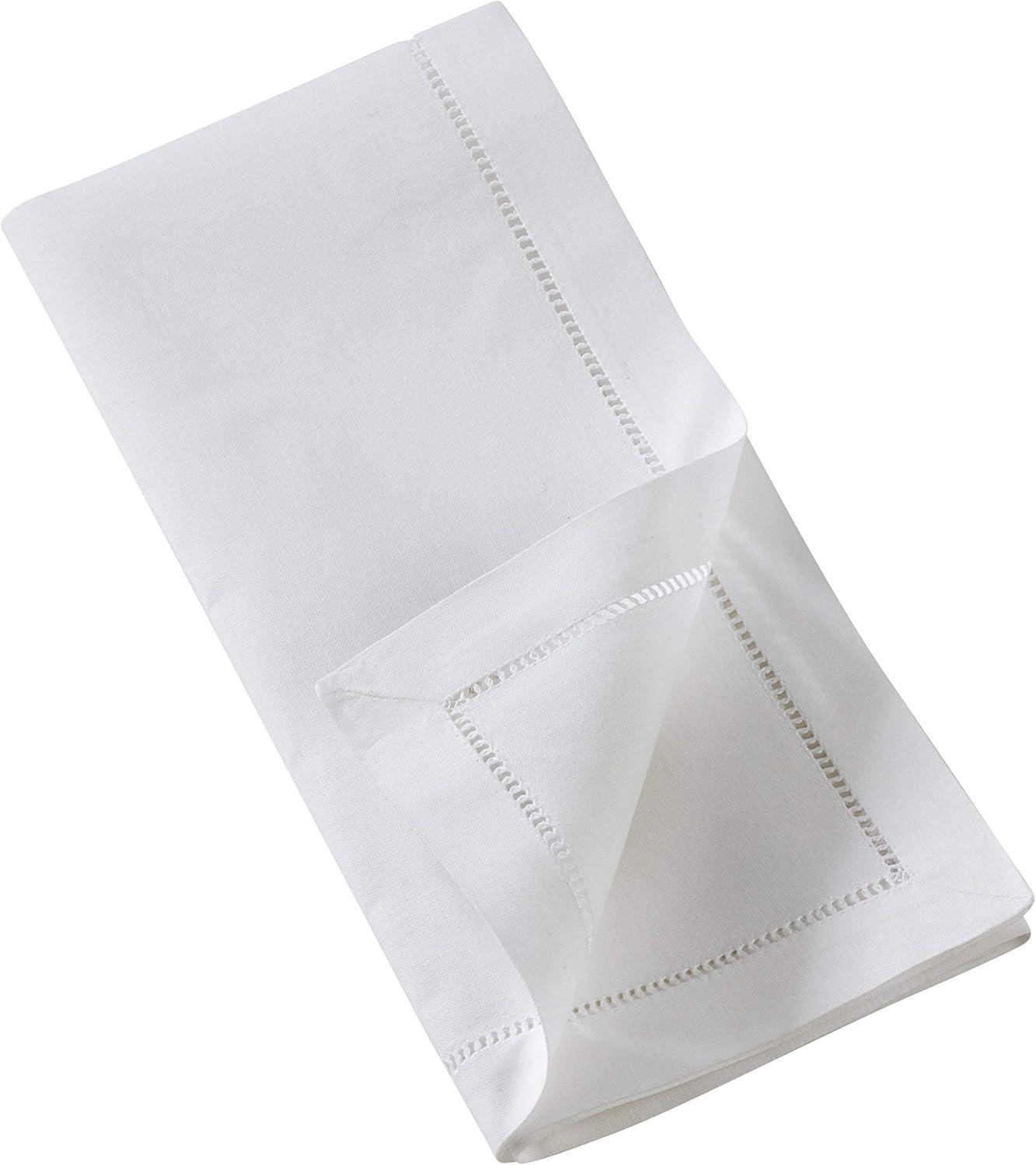 White Cotton Hemstitch Napkins with Pine Cone Embroidery, Set of 6