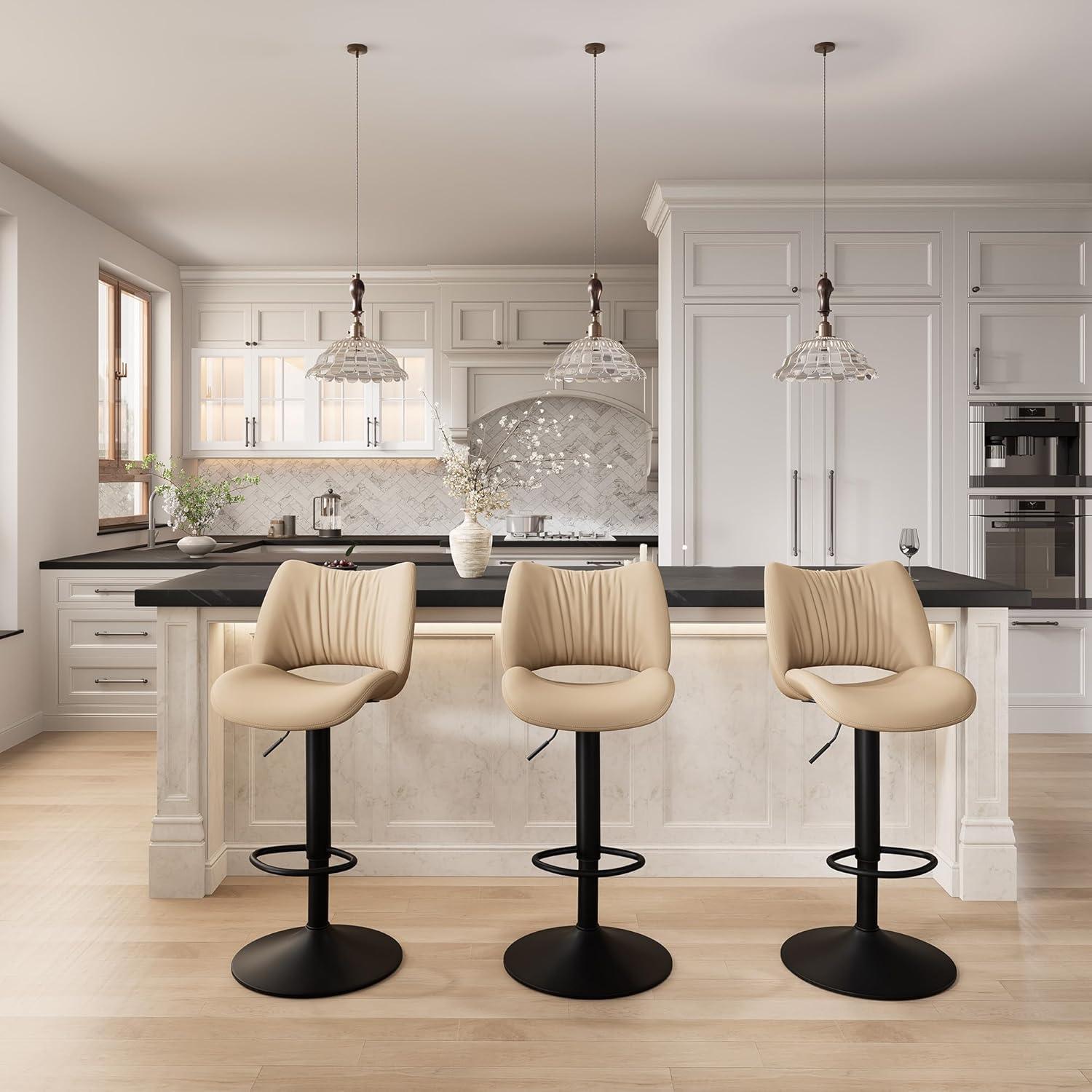 Khaki Adjustable Swivel Faux Leather Bar Stools with Metal Base