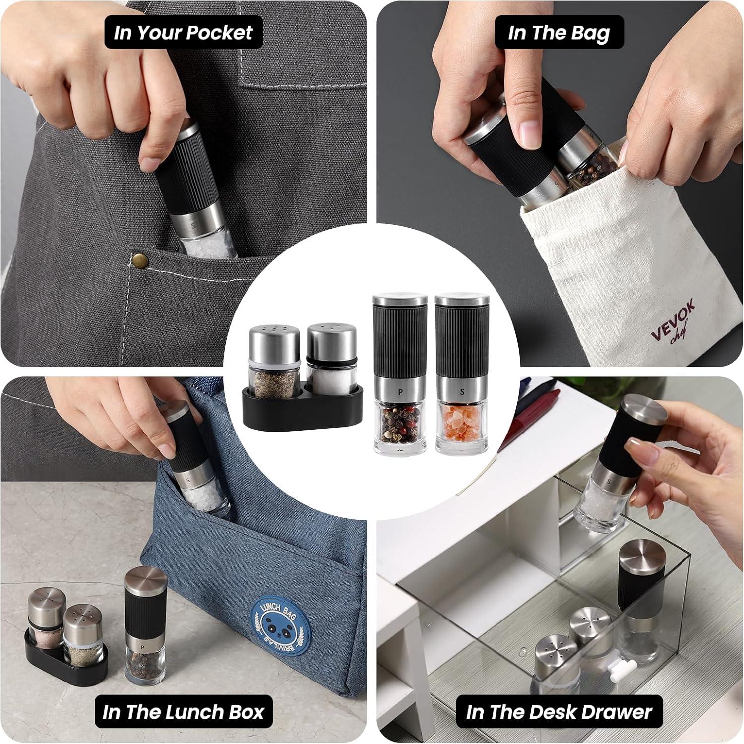 VEVOK CHEF Mini Salt and Pepper Grinder set with 2 Small Salt and Pepper Shakers Portable Cute Tiny Spice Grinder Pepper Mill Salt Grinder for Travel, Work, Camping, Party, School, Lunch Box