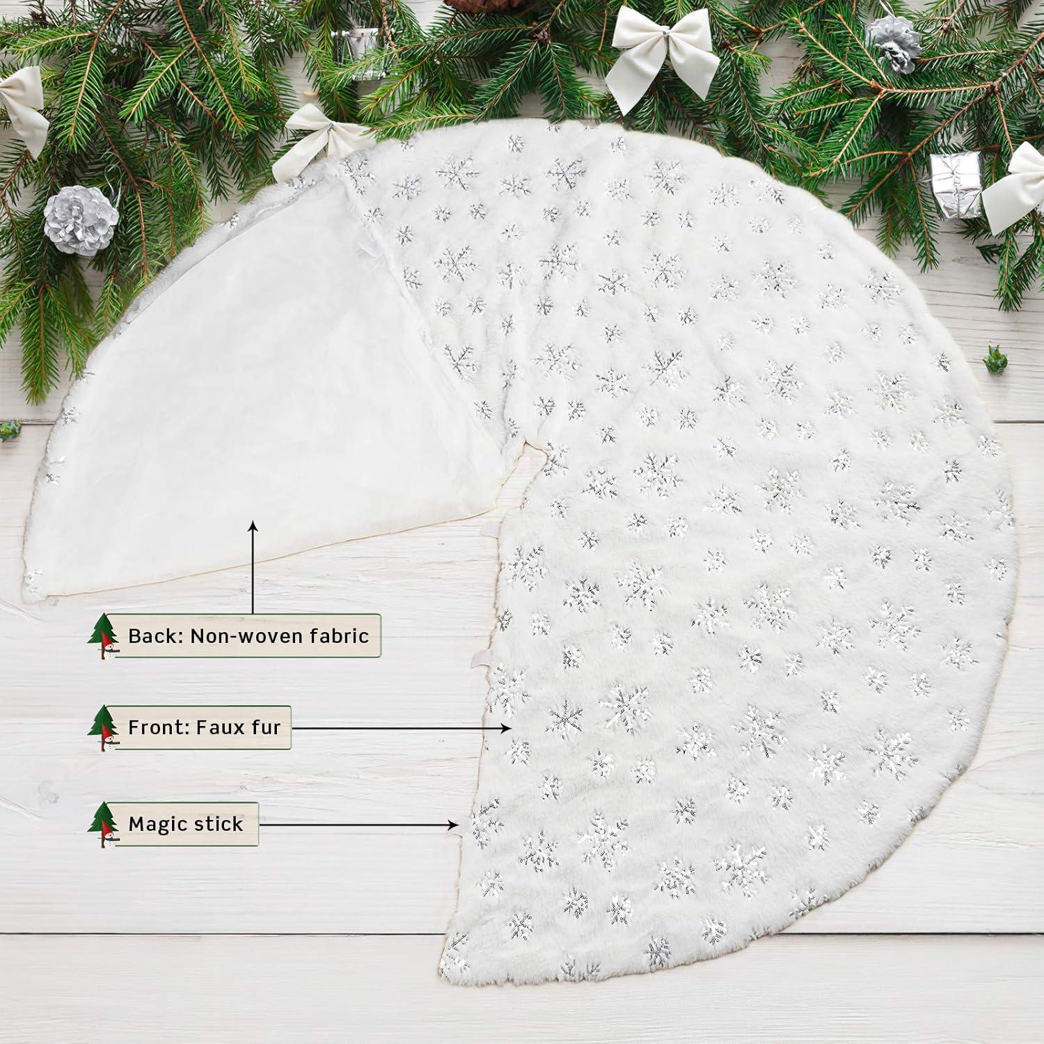 48 Inches Christmas Tree Skirt for Xmas Tree Holiday Party Decorations White Plush Silver Sequin Snowflake (Silver)