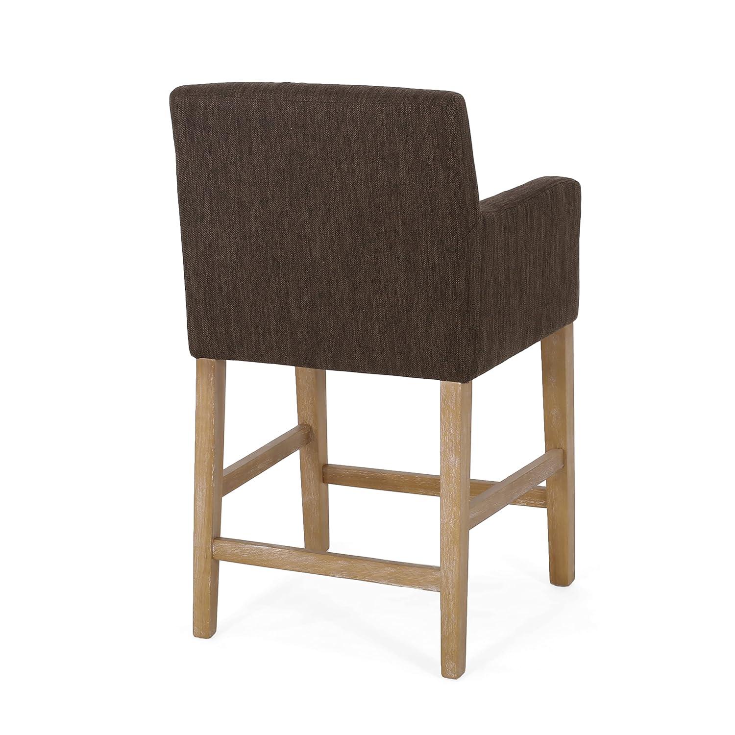 Brown Upholstered Wood Counter Stools with Armrests, Set of 2