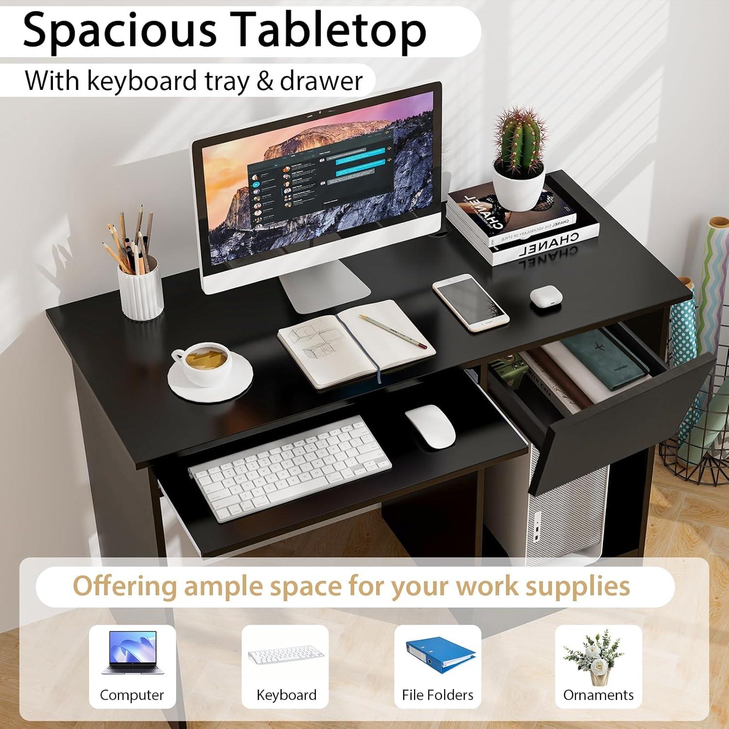 Tangkula Computer Desk w/ Keyboard Tray Large Drawer Home Office Desk w/ Adjustable Shelf & Cable Hole Study Desk