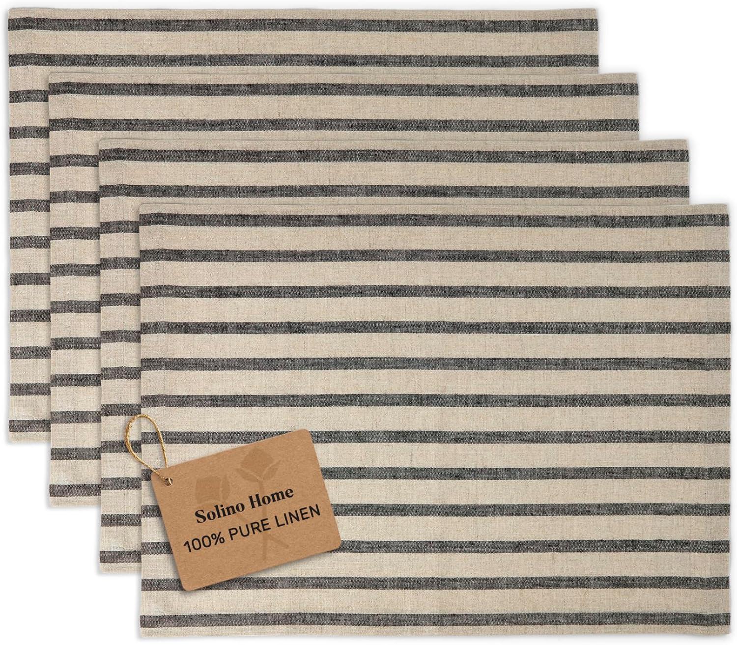 Solino Home French Stripe - 100% Pure Linen Placemats (Set of 4)