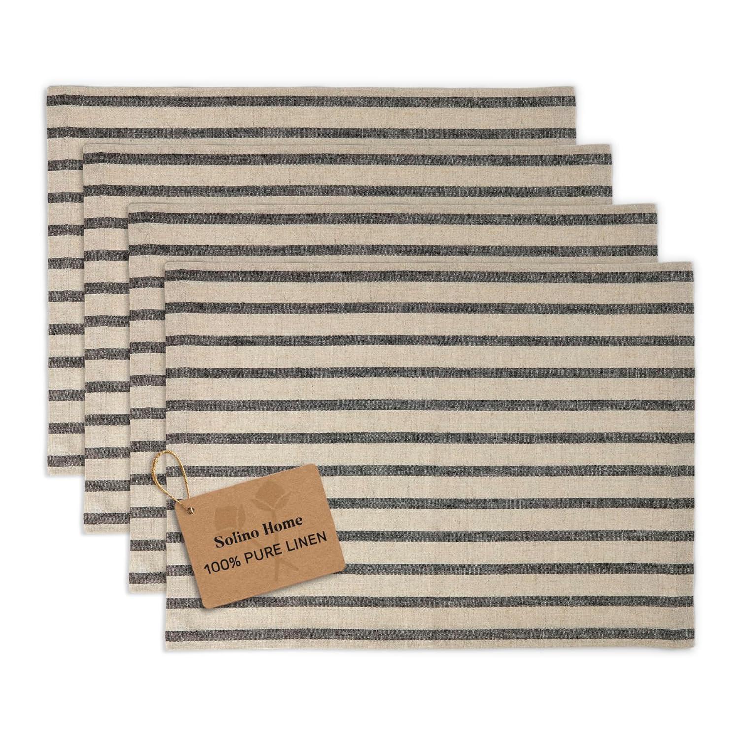 Solino Home French Stripe - 100% Pure Linen Placemats (Set of 4)