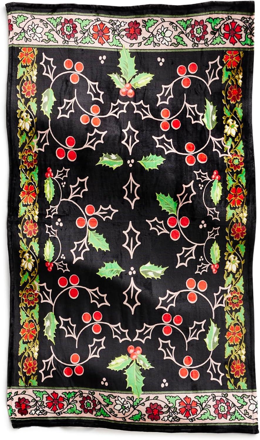 Holly Patterned Black and Red Fleece Throw Blanket