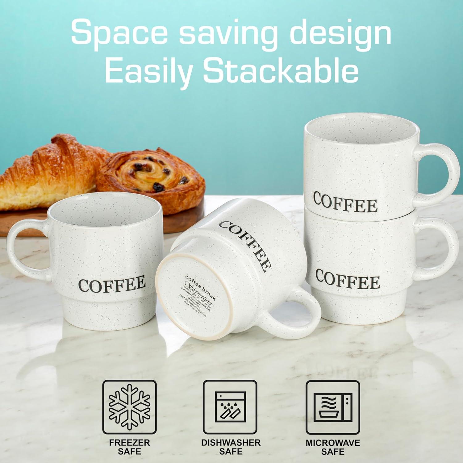 Signature Housewares Stackable Coffee Mug Tower Set with Metal Wire Rack - 15 Ounce Coffee Mugs for Coffee, Tea, Cocoa, Milk, Cappuccino, Hot Chocolate Set of 4 - White Coffee