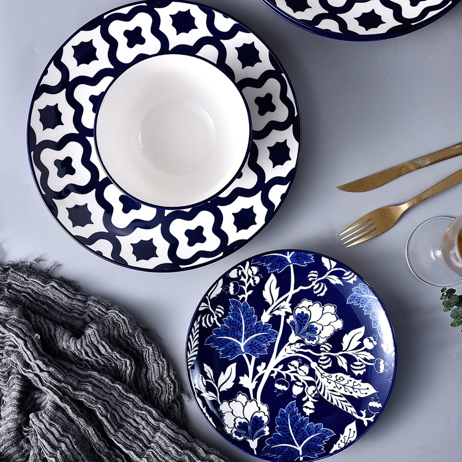 Wisenvoy Juegos de Vajilla Juegos de Platos y Tazones Juego de Platos de Cerámica Juego de Platos Vajilla de Gres Juego de Platos para 4 Azul
