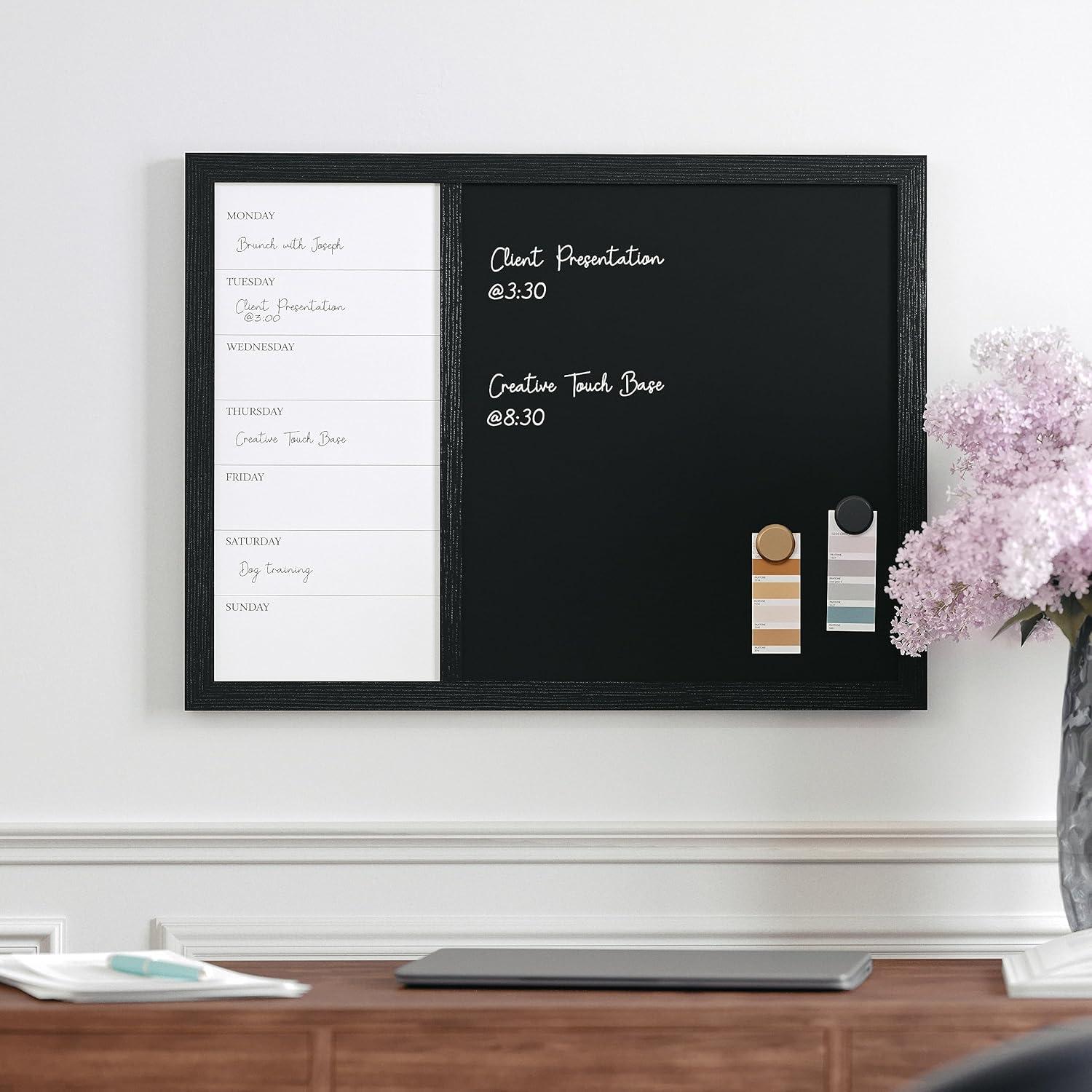 Black Woodgrain Magnetic Weekly Calendar Dry Erase and Chalk Board 24" x 18"