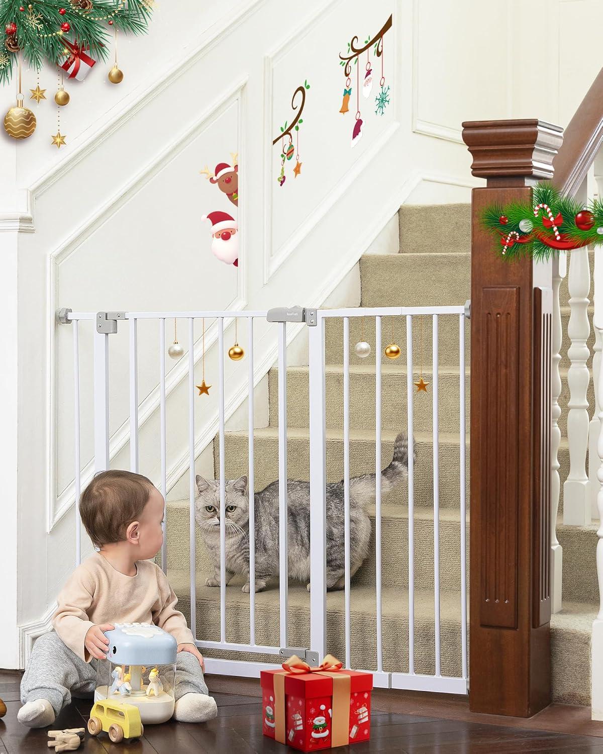 White Metal Pressure Mounted Baby and Pet Gate for Stairs