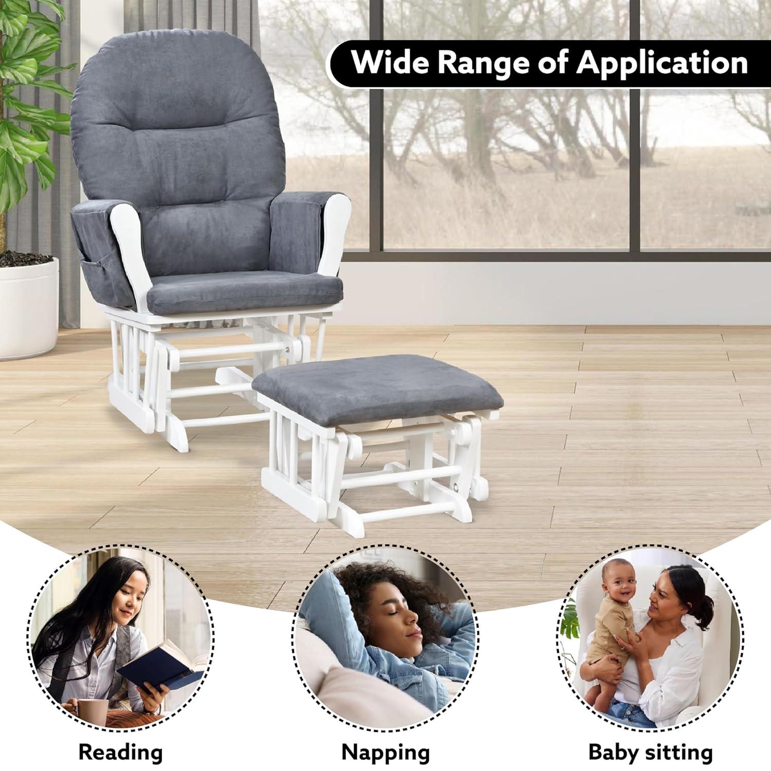 Nursery Glider & Ottoman Sets, Reclining Swivel Glider Rocker with Ottoman, Nursery Rocking Chair for Baby Room, Upholstered Nursery Recliner Glider with Ottoman, Padded Arms - Dark Gray, White