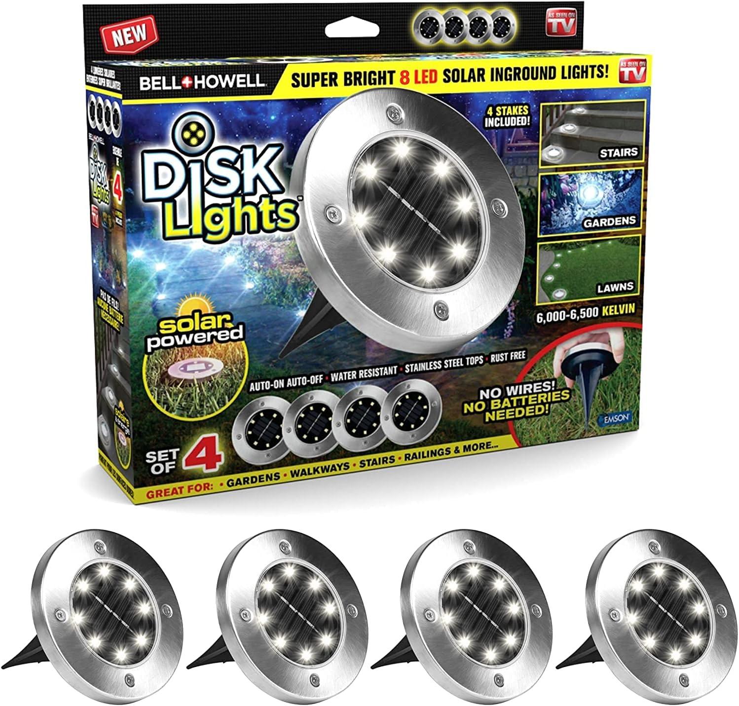 Bell + Howell 8 LED Solar Powered Disk Lights, 4 Pack, Outdoor Pathway Lights, Waterproof, Auto On/Off, Rust Resistant
