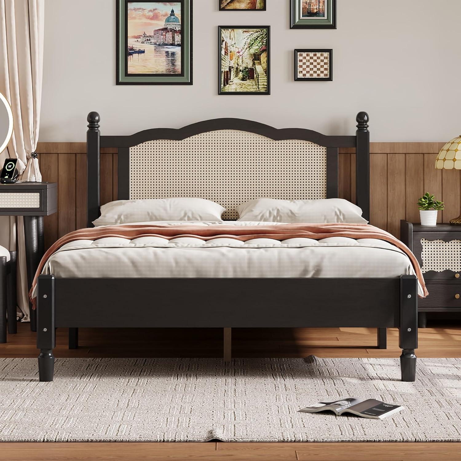 Wooden Platform Bed with Natural Rattan Headboard, Full Size Platform Bed with Wooden Slat Support, Vintage Rattan Bed Frame, No Box Spring Needed (Black,Full,233)