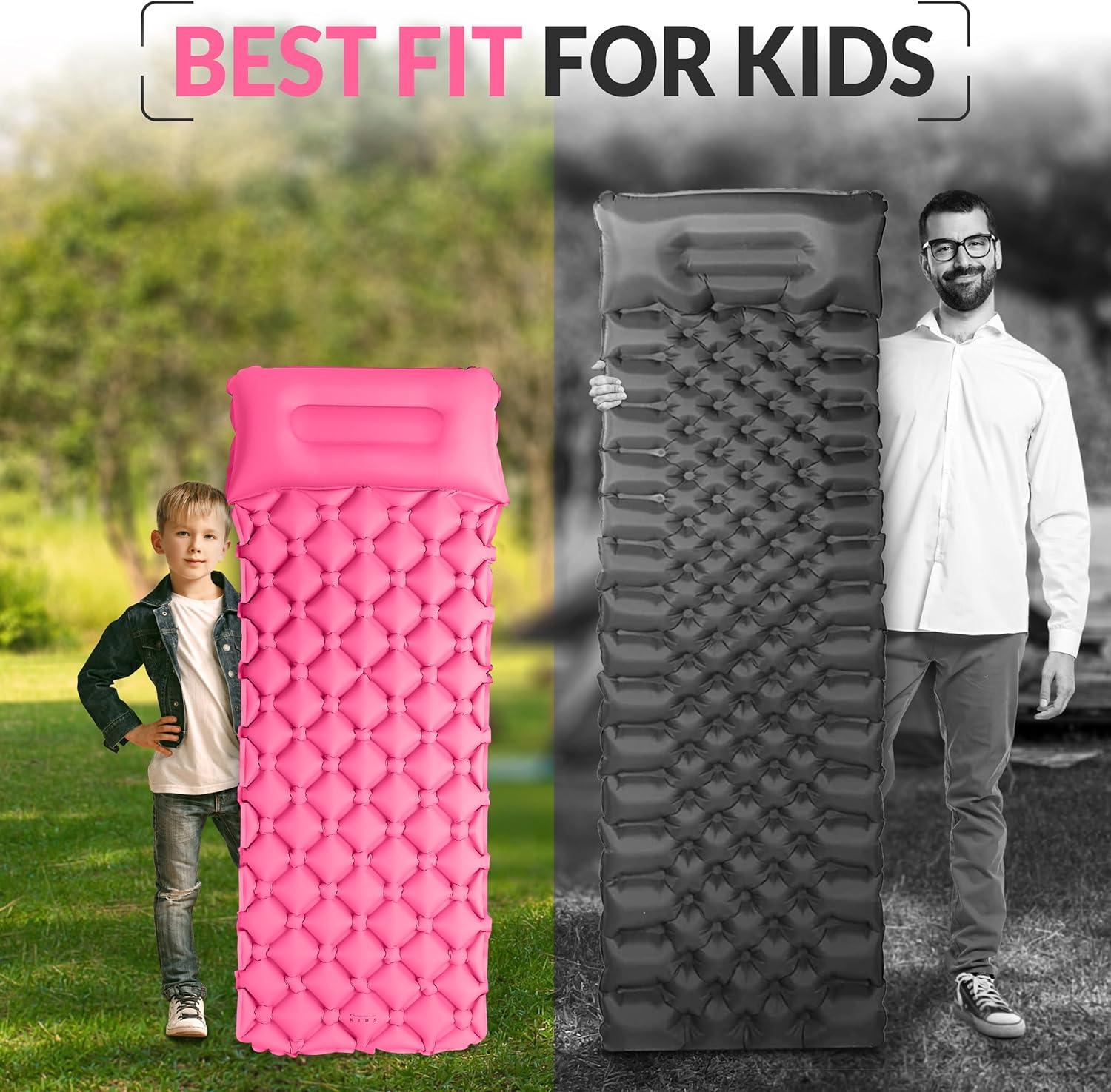 Pink Inflatable Kids Sleeping Pad with Built-In Pillow