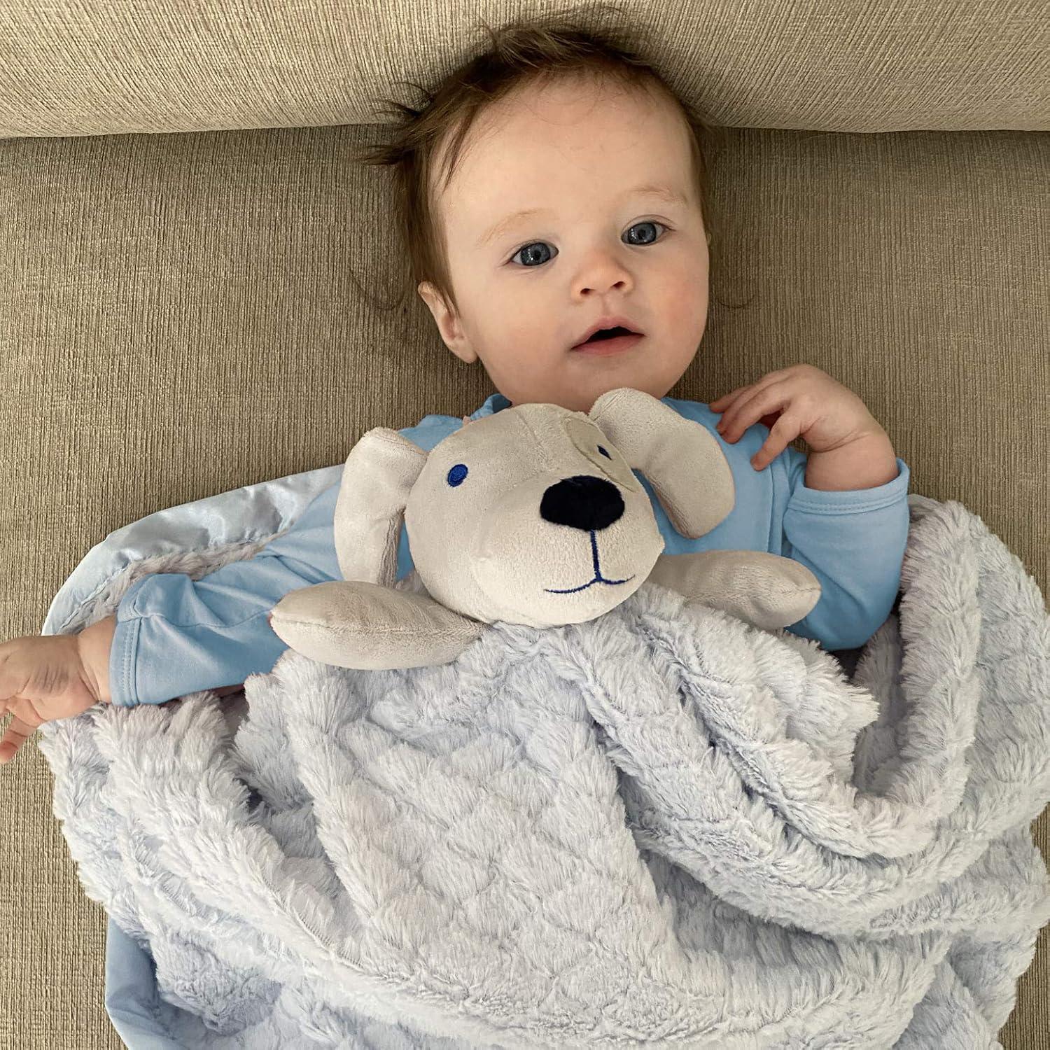 EVERYDAY KIDS Large Lovey Baby Security Blanket Sweet Dog Stuffed Animal on 30” Blue Snuggle Baby Blanket; Fluffy Fleece with Attached Plush Toy