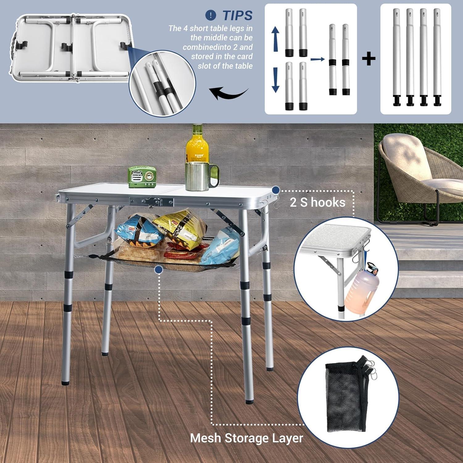 Small Folding Table 2FT Lightweight Portable Aluminum Camping Table for Picnic and Camping Mini Foldable with Adjustable Extended Height,Silver