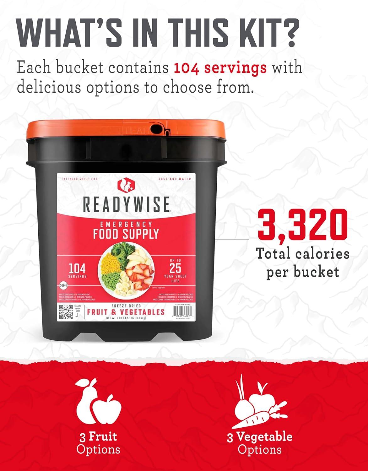 ReadyWise Freeze Dried Fruit & Vegetable Bulk Storage, 104 Servings, Long Term Food for Emergency Preparedness, 25-Year