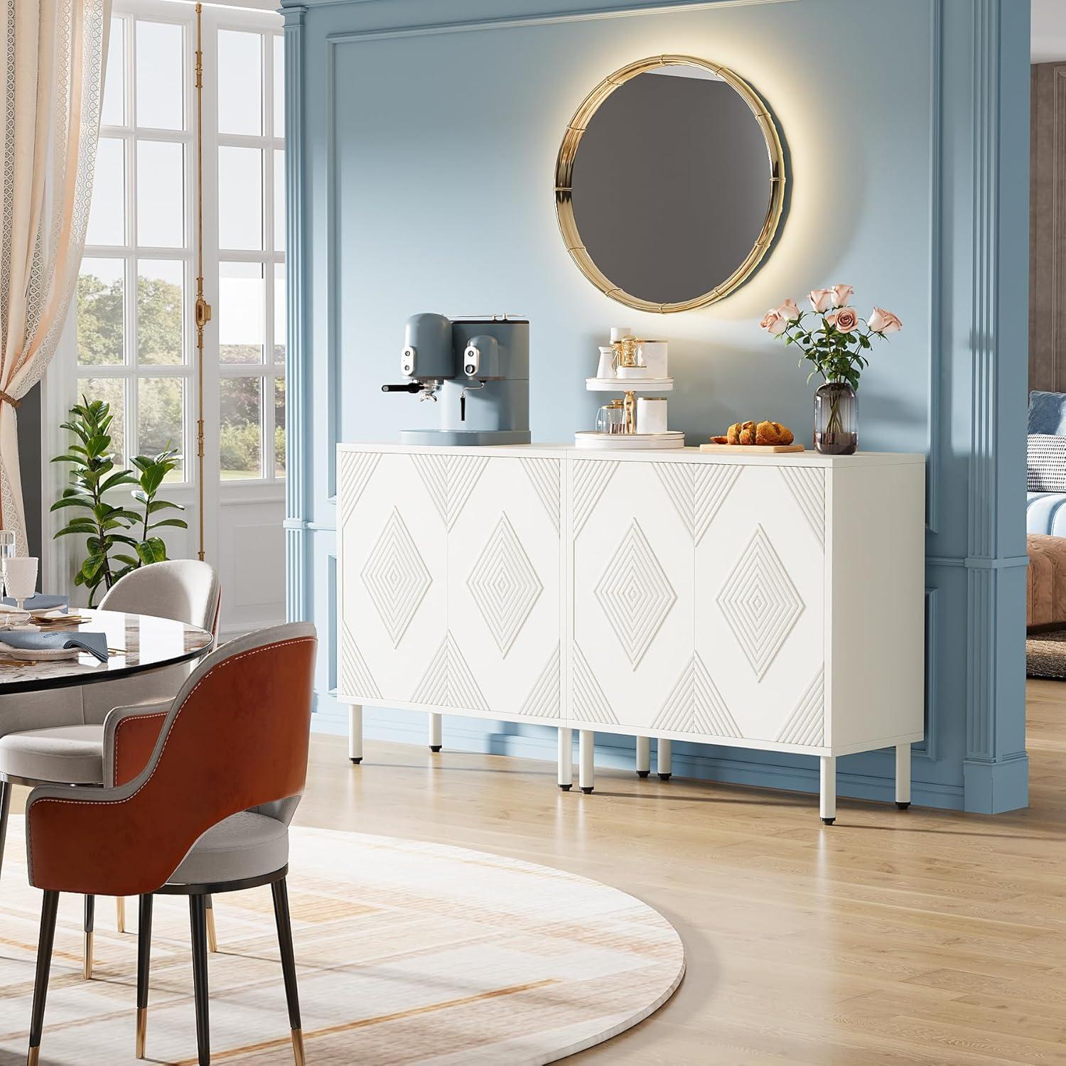 57" White Modern Sideboard Cabinet with Diamond Pattern Doors