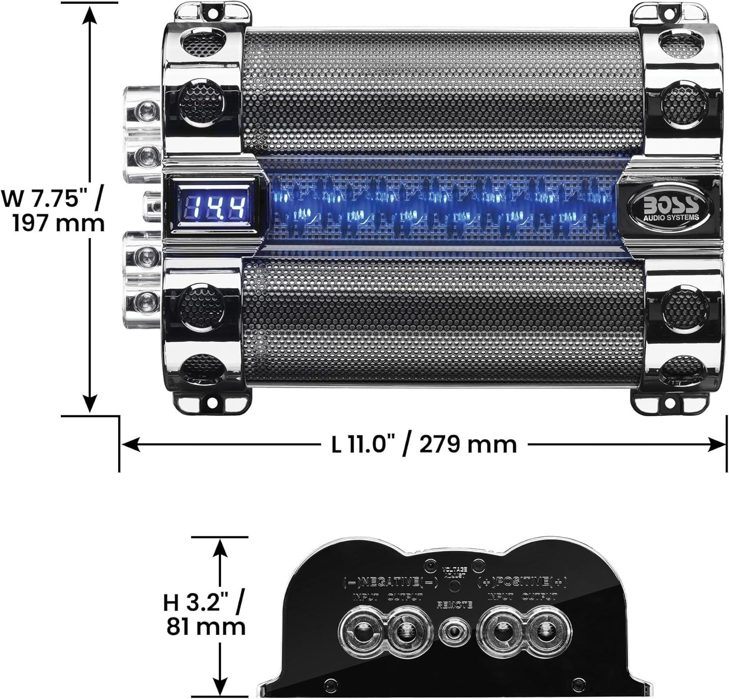 BOSS Audio Systems Cap18 - 18 Farad Car Audio Capacitor - Energy Storage, Enhance Bass From Stereo, Warning Reverse Polarity Tone, Voltage Overload Low Battery Voltage Led, For Amplifier and Subwoofer