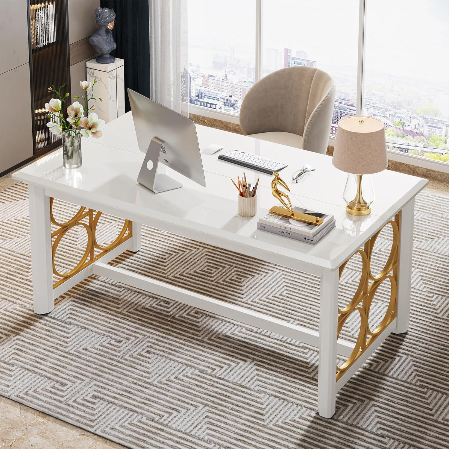 Glossy White and Gold Executive Office Desk with Geometric Design