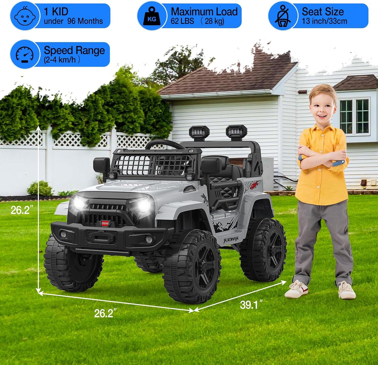 Ride on Truck Car 12V Kids Electric Vehicles with Remote Control Spring Suspension, LED Lights, Bluetooth, 2 Speeds
