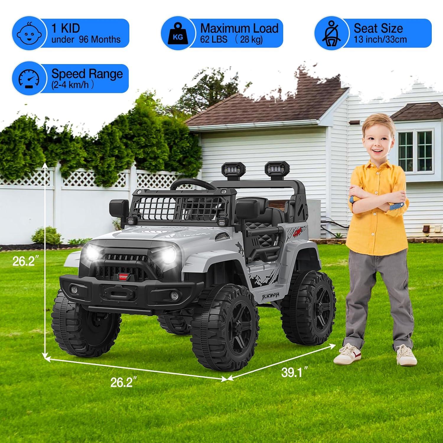 Ride on Truck Car 12V Kids Electric Vehicles with Remote Control Spring Suspension, LED Lights, Bluetooth, 2 Speeds