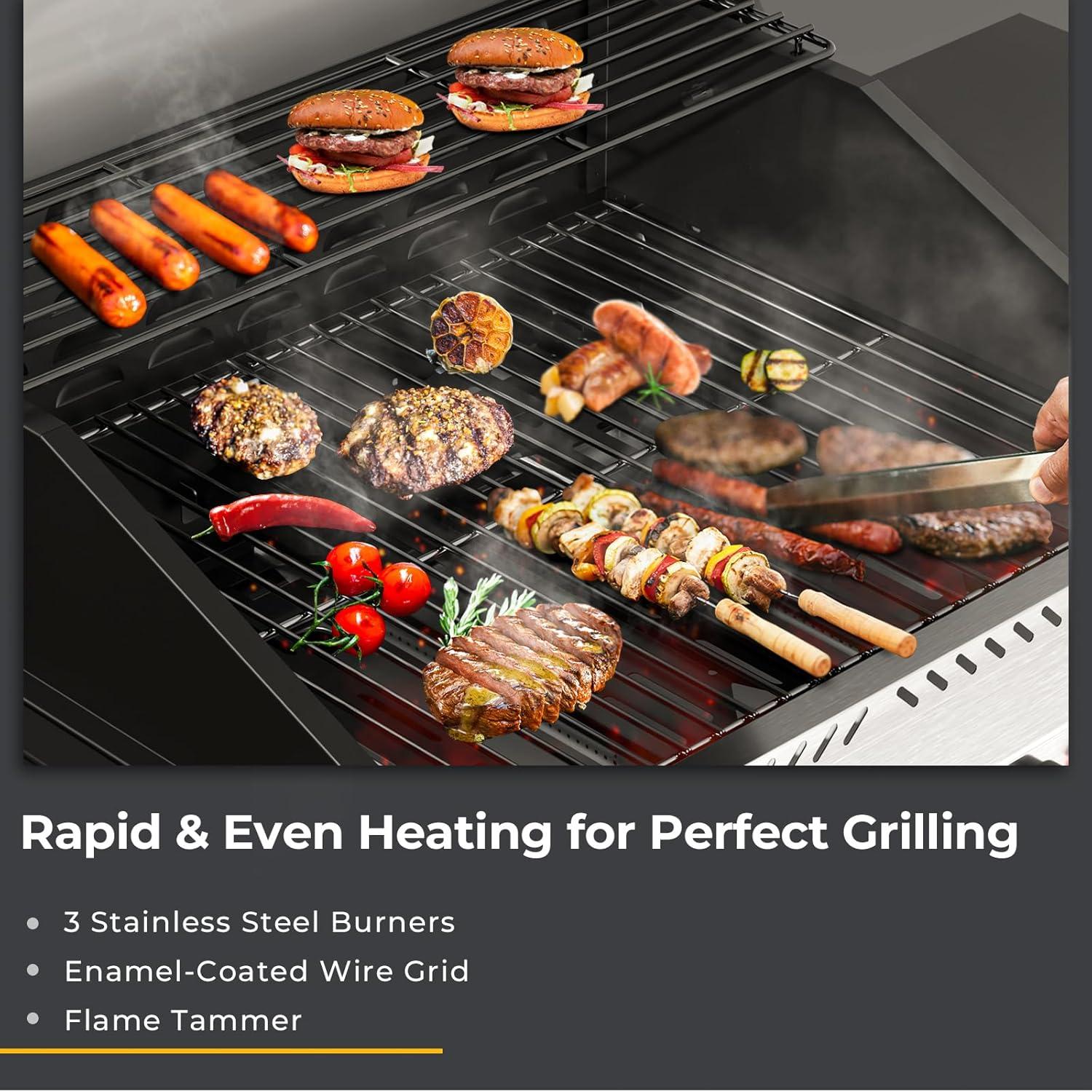 R.W.FLAME 4-Burner Propane Gas BBQ Grill with Side Burner & Cast iron grill net and baking pan, 42,000 BTU Stainless Steel Cabinet Style Propane Grill