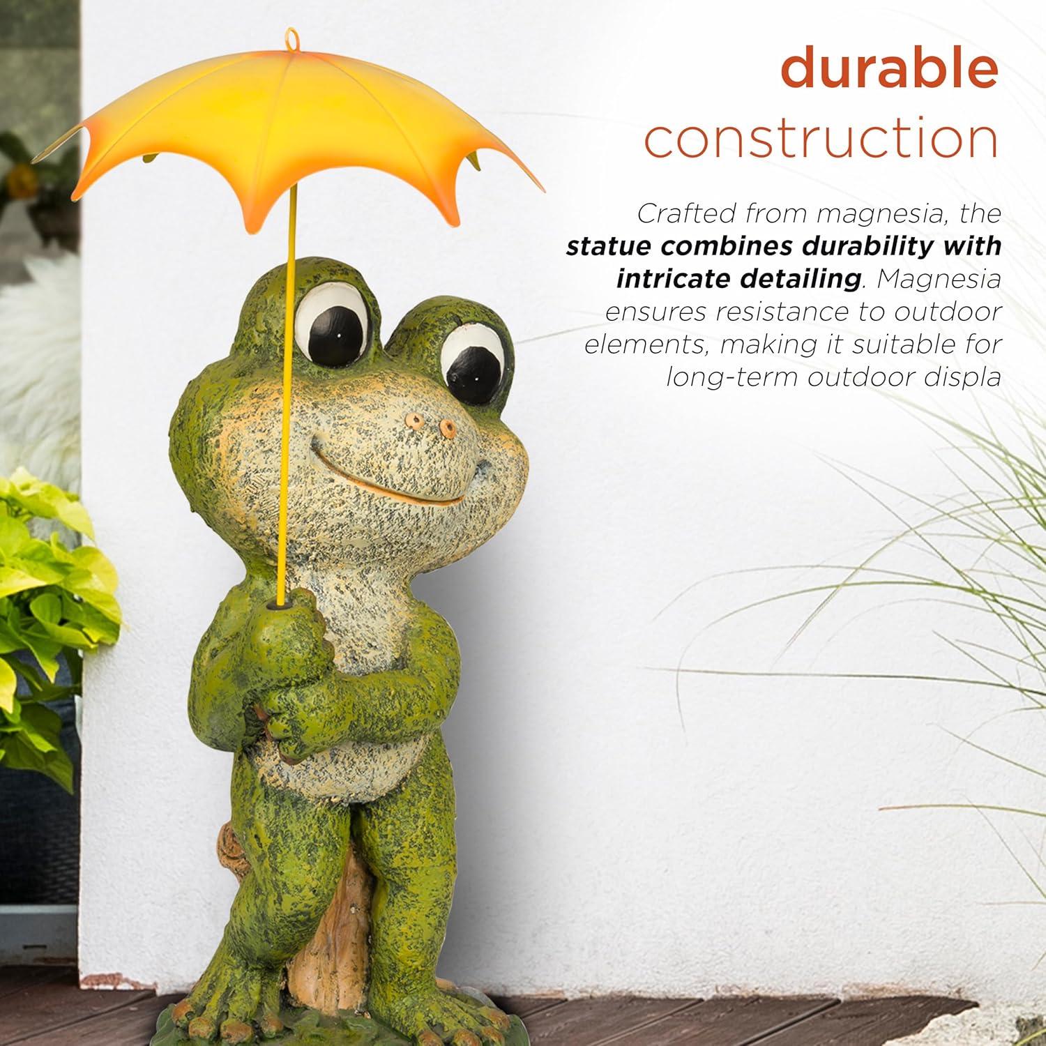 Green Frog Garden Statue with Yellow Umbrella, 23"