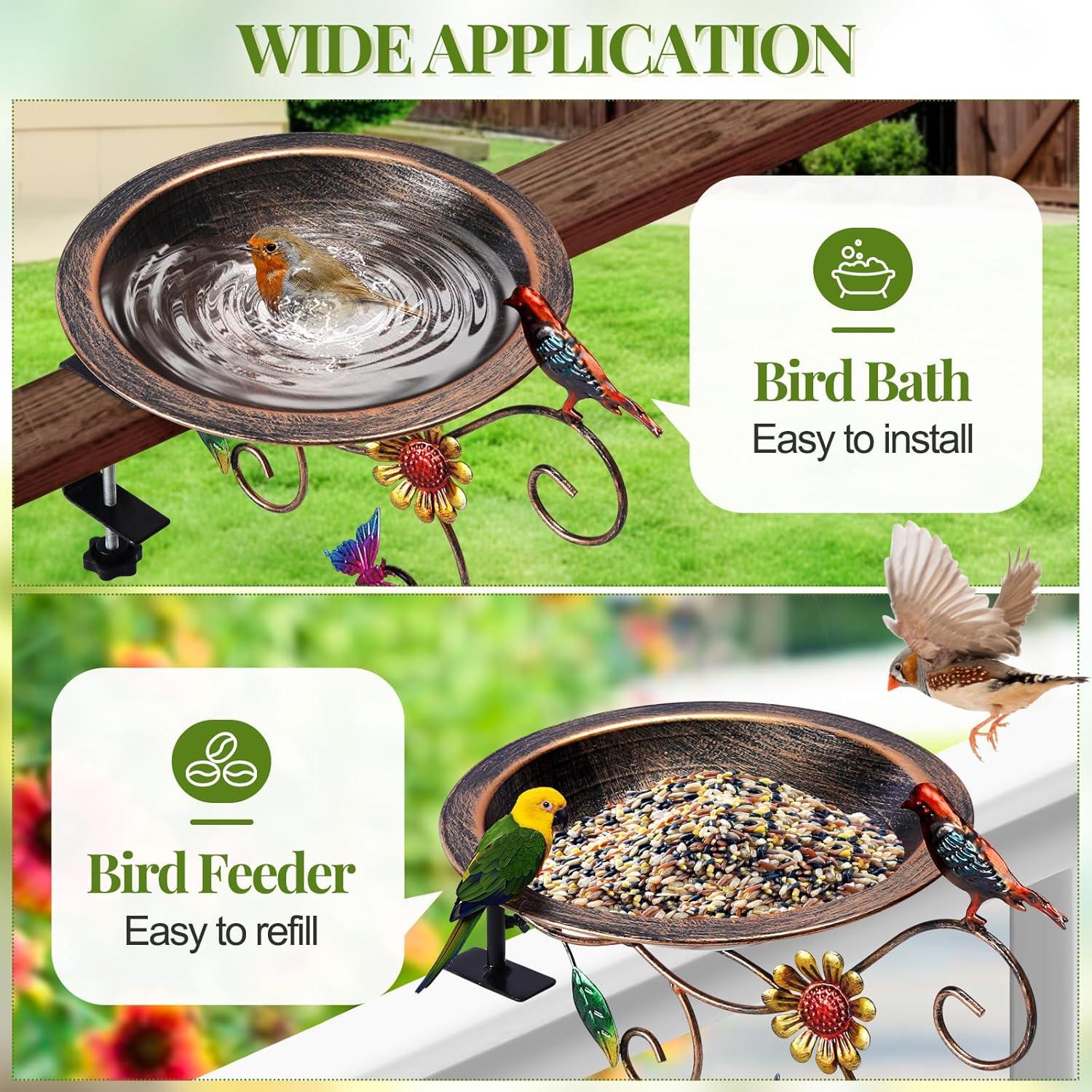 August Grove® Deck Mounted Bird Bath Detachable Metal Birdbath Bowl With Adjustable Clamp