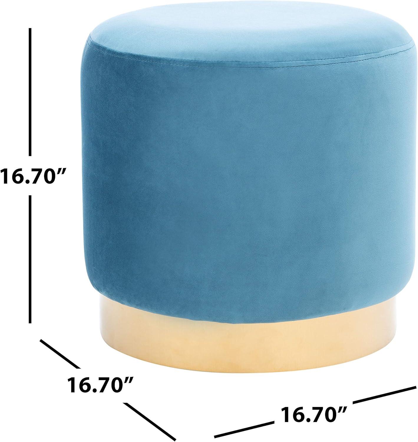 Sky Blue Velvet and Gold Round Ottoman