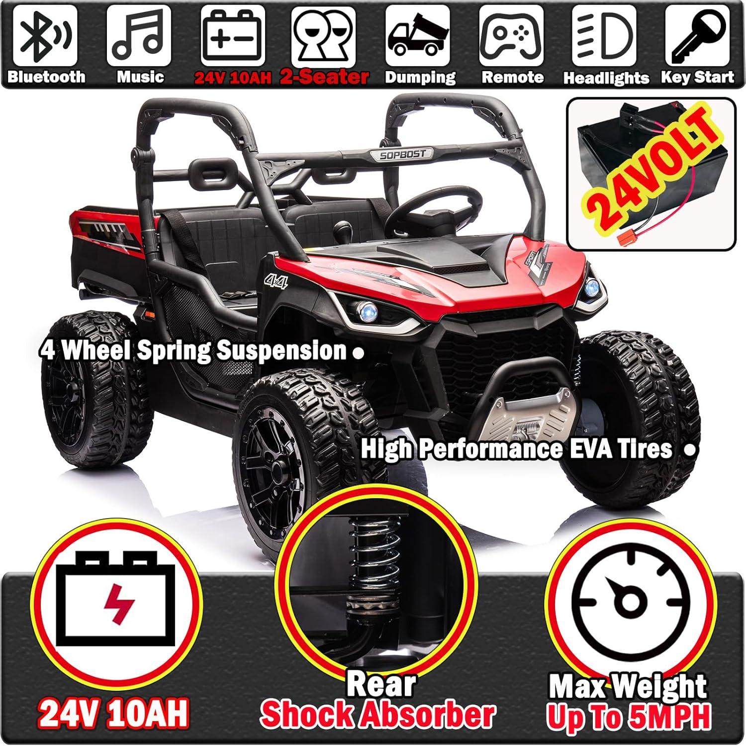 24V Kids Ride on Dump Truck with Remote Control, 2 Seater Powered 4-Wheel UTV Toys, 2x200W Ride on Tractor Car w/ Electric Dump Bed, Shovel, Bluetooth Music, Red