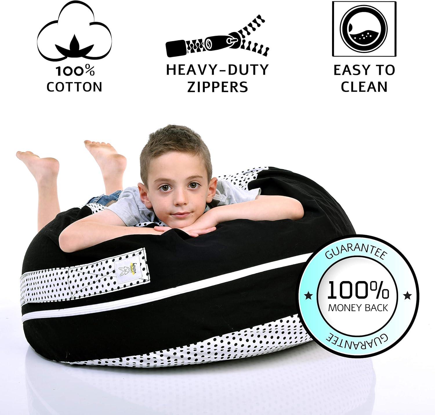 Black and White Cotton Stuffed Animal Storage Bean Bag Chair