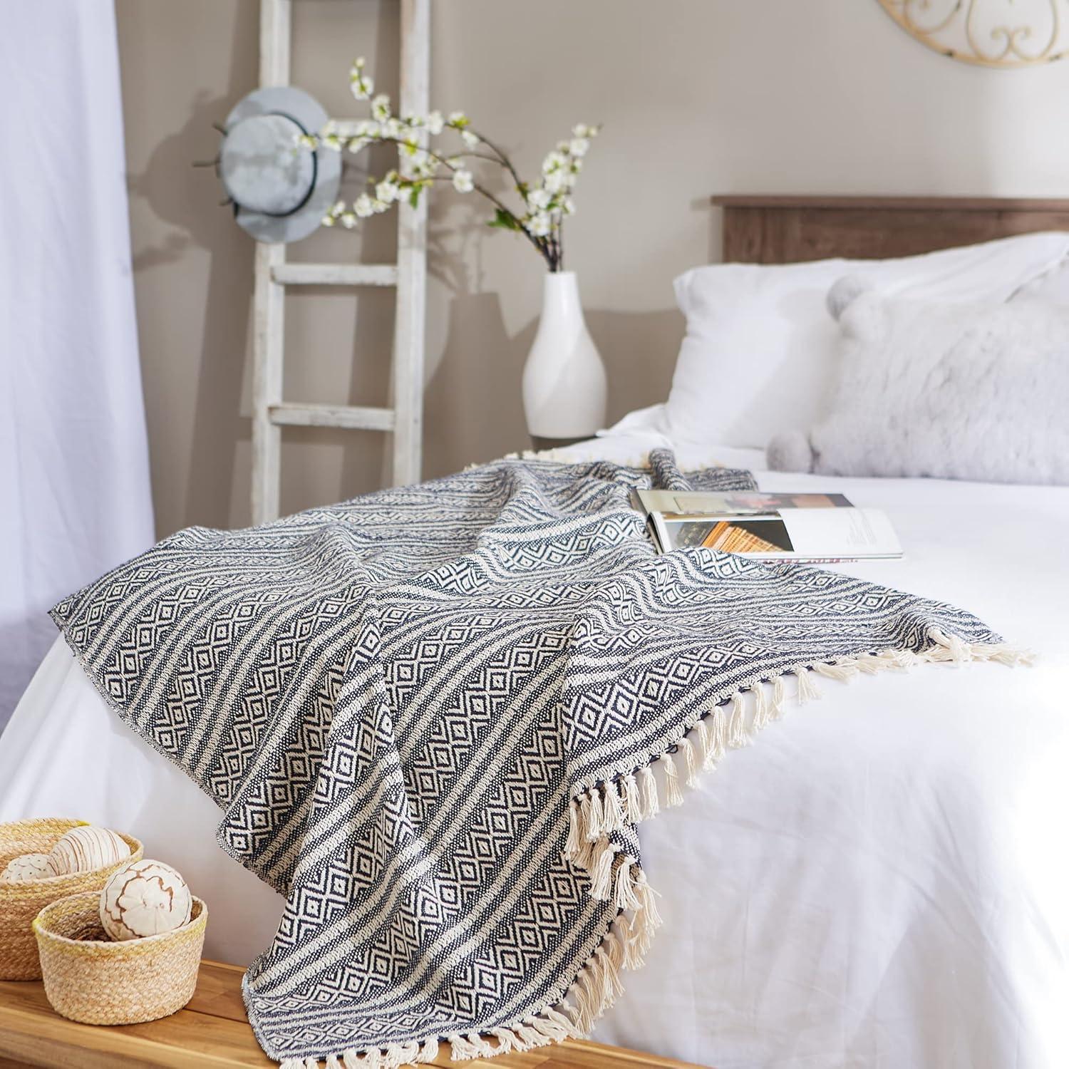 Navy and Off-White Cotton Striped Throw Blanket with Fringe