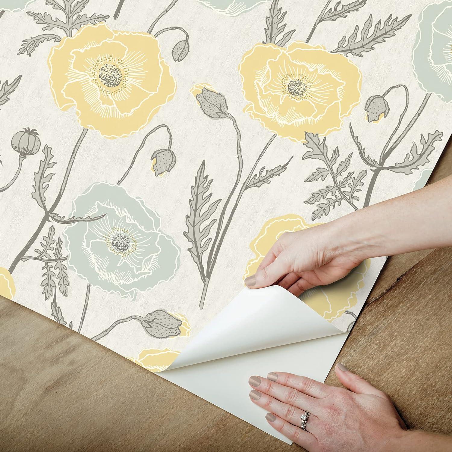 Aqua and Yellow Poppy Field Peel and Stick Wallpaper