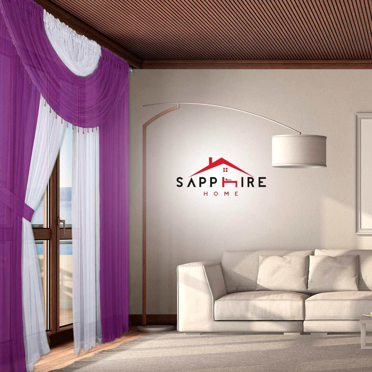 Sapphire Home Complete Window Sheer Curtain Panel Set with 4 Attached Panels 55x95 Each and 2 Valances with Beads and 2 Tiebacks - Easy Installation- Multicolor Purple and White