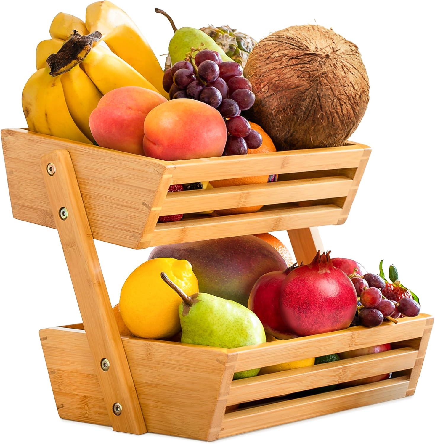 Bamboo Basket for Kitchen Counter Fruit & Vegetable Storage, Two Tier Wooden Fruit Bowl by Golden Nature