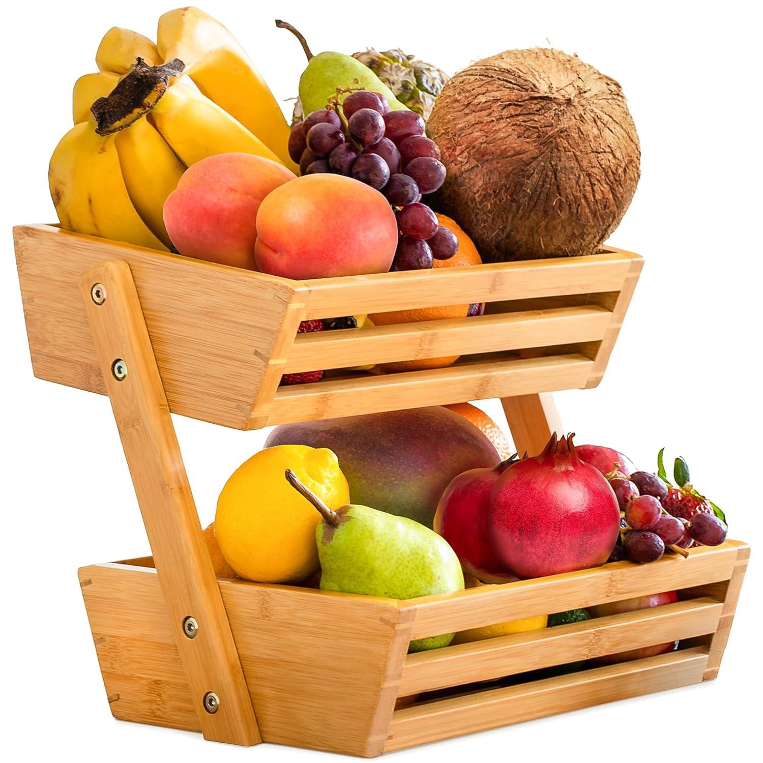 Bamboo Basket for Kitchen Counter Fruit & Vegetable Storage, Two Tier Wooden Fruit Bowl by Golden Nature