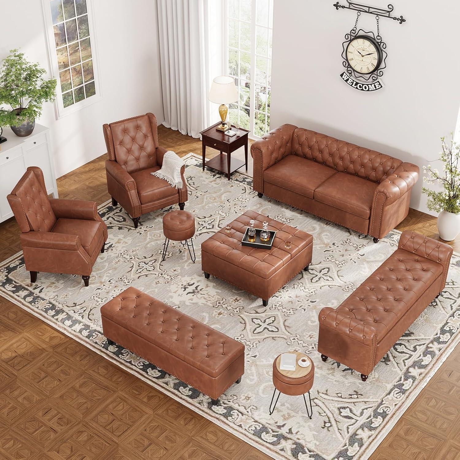72 Inch Brown Couch, Chesterfield Faux Leather Sofa with Wooden Legs, Vintage Tufted Sofa with Rolled Arms, Mid Century Modern Couch with Rivets for Living Room, Apartment, Office